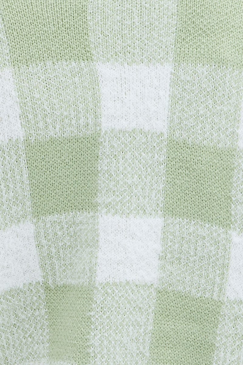 Green Check Crop Knit Cardigan Check