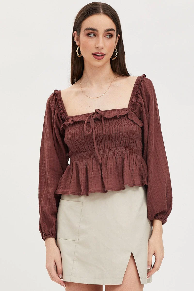 Brown Peplum Top Long Sleeve Semi Crop