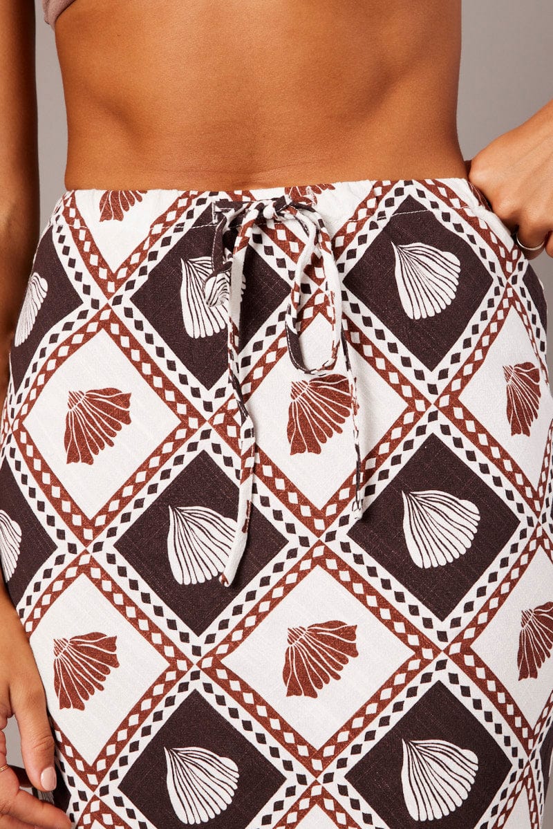 Brown Abstract Slip Skirt Maxi Linen Blend