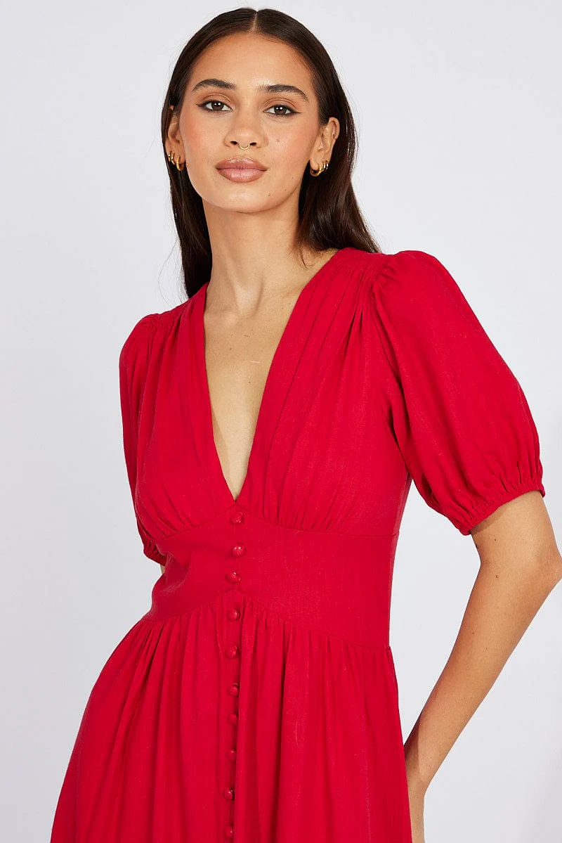 Red Midi Dress Puff Sleeve