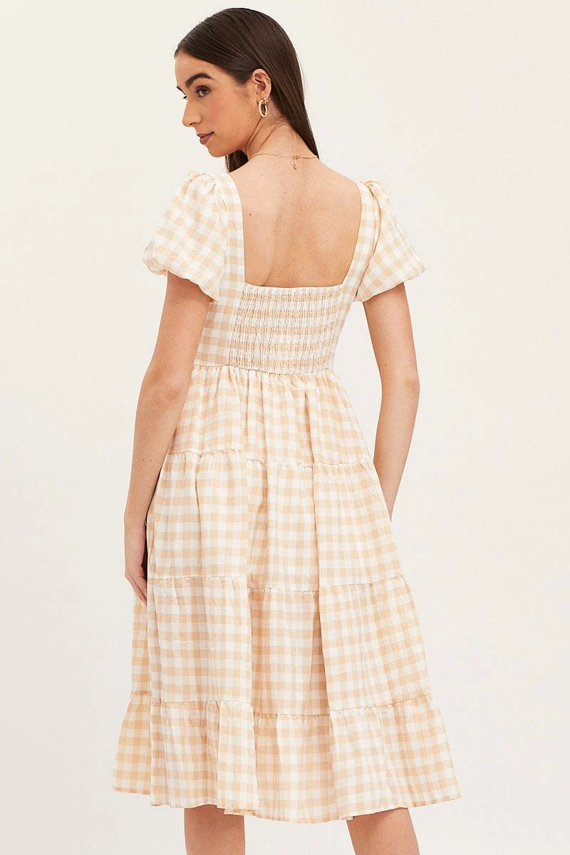 Check Midi Dress Short Sleeve Evening