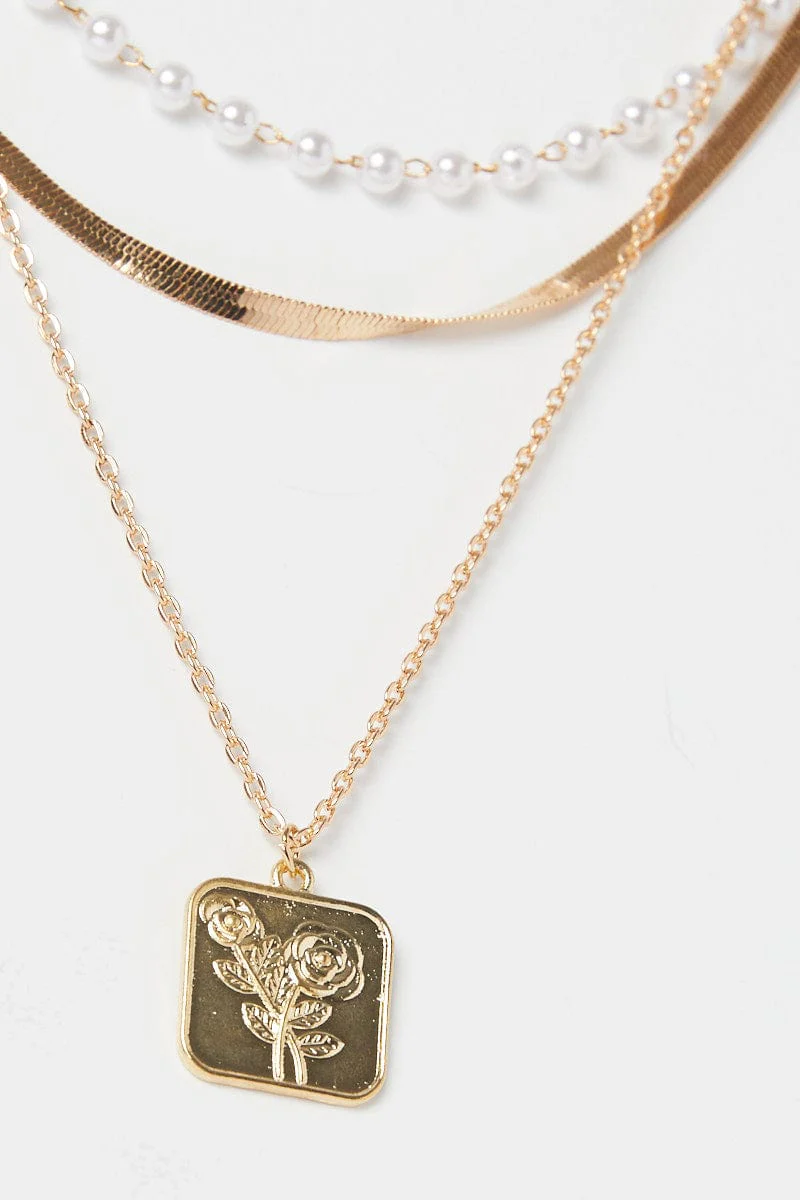 Gold Square Pendent Layered Necklace
