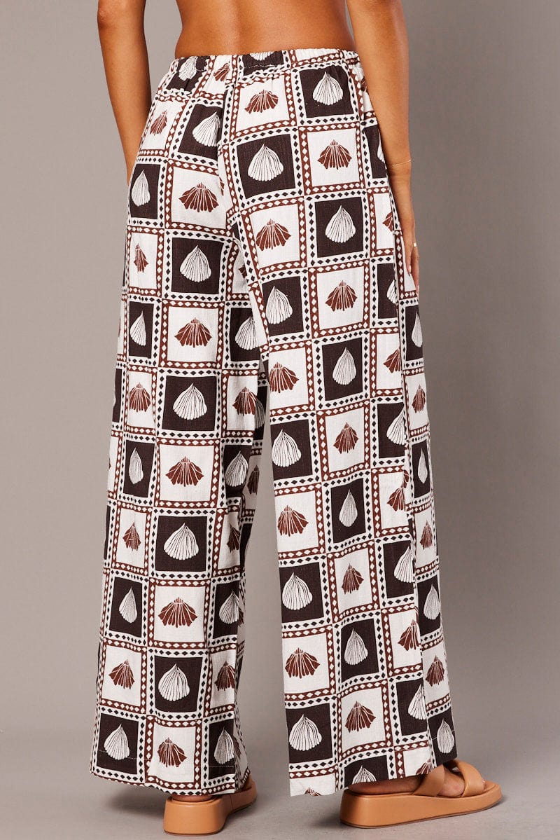 Brown Abstract Wide Leg Pants High Rise