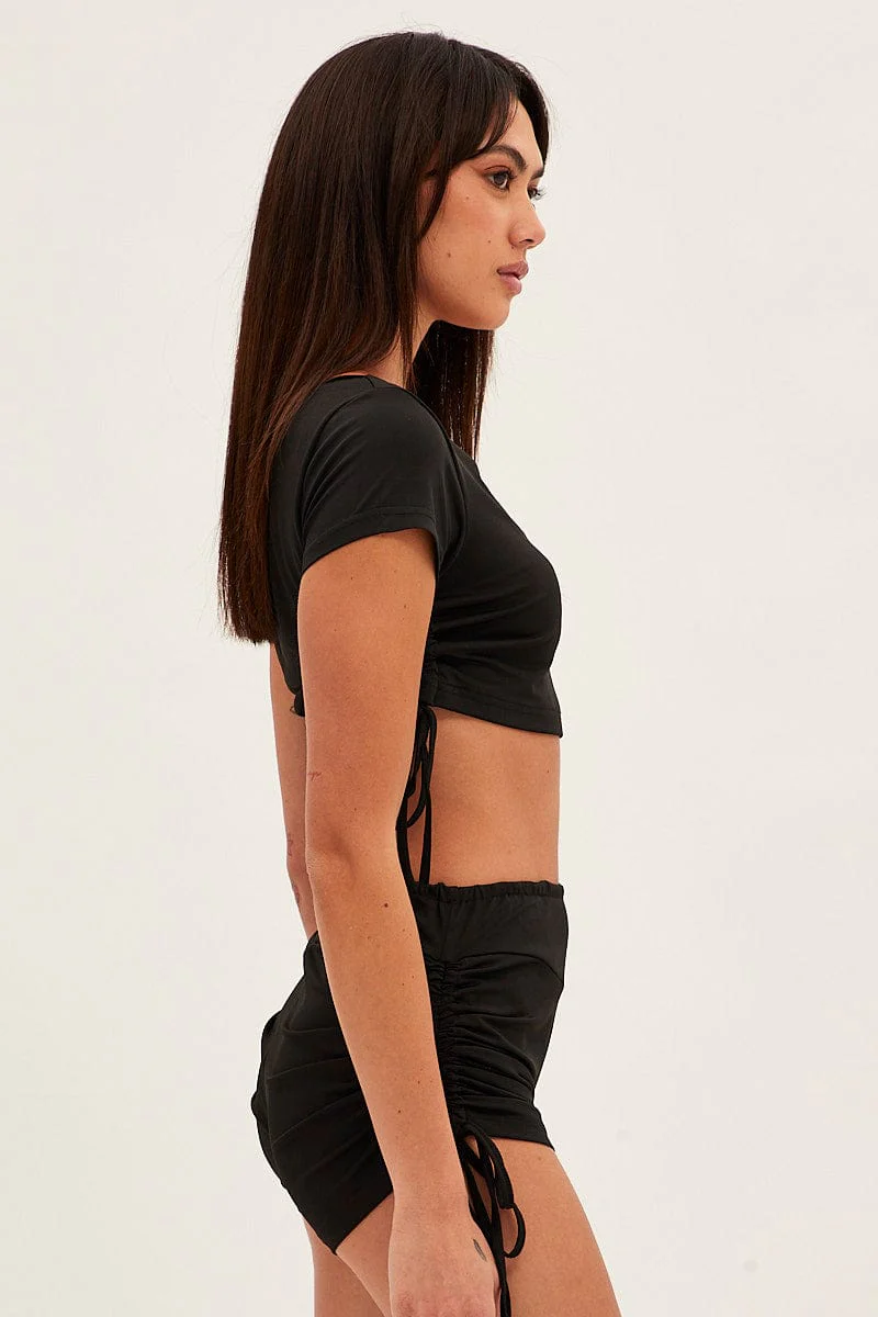 Black Crop Top Ruched Loungewear Set