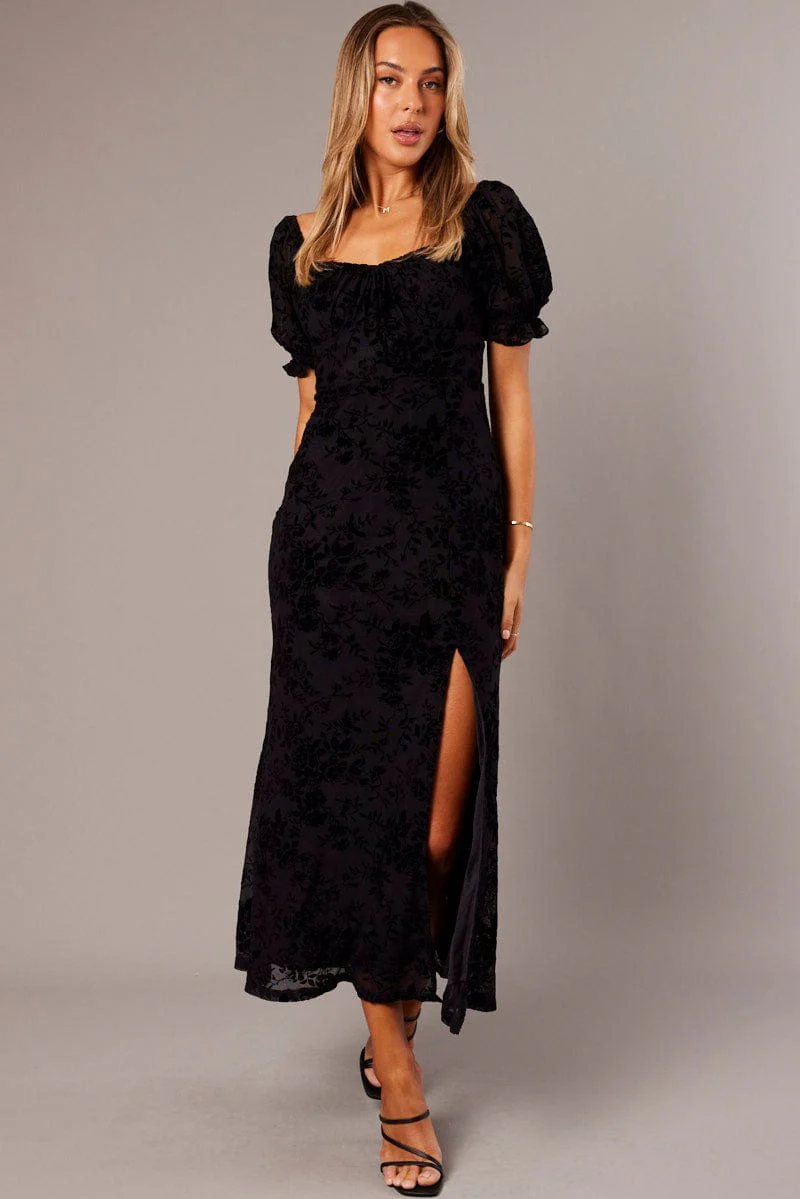 Black Midi Dress Puff Sleeve Burn Out