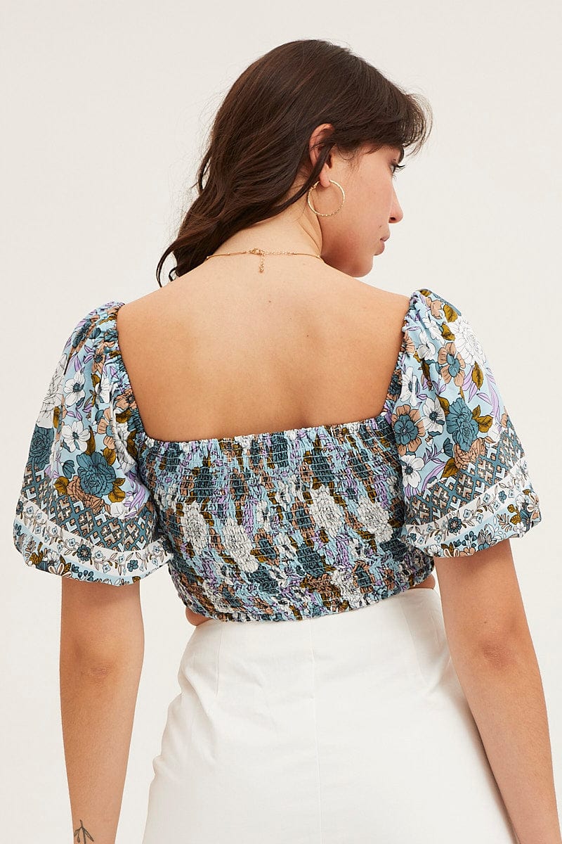 Boho Print Rayon Half Sleeve Shirred Cropped Top