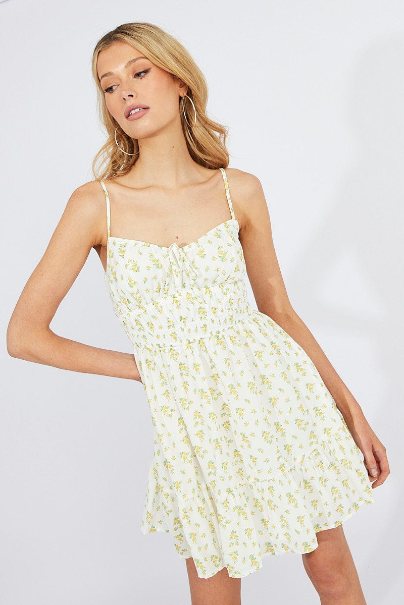 White Ditsy Fit and Flare Sleeveless Dress