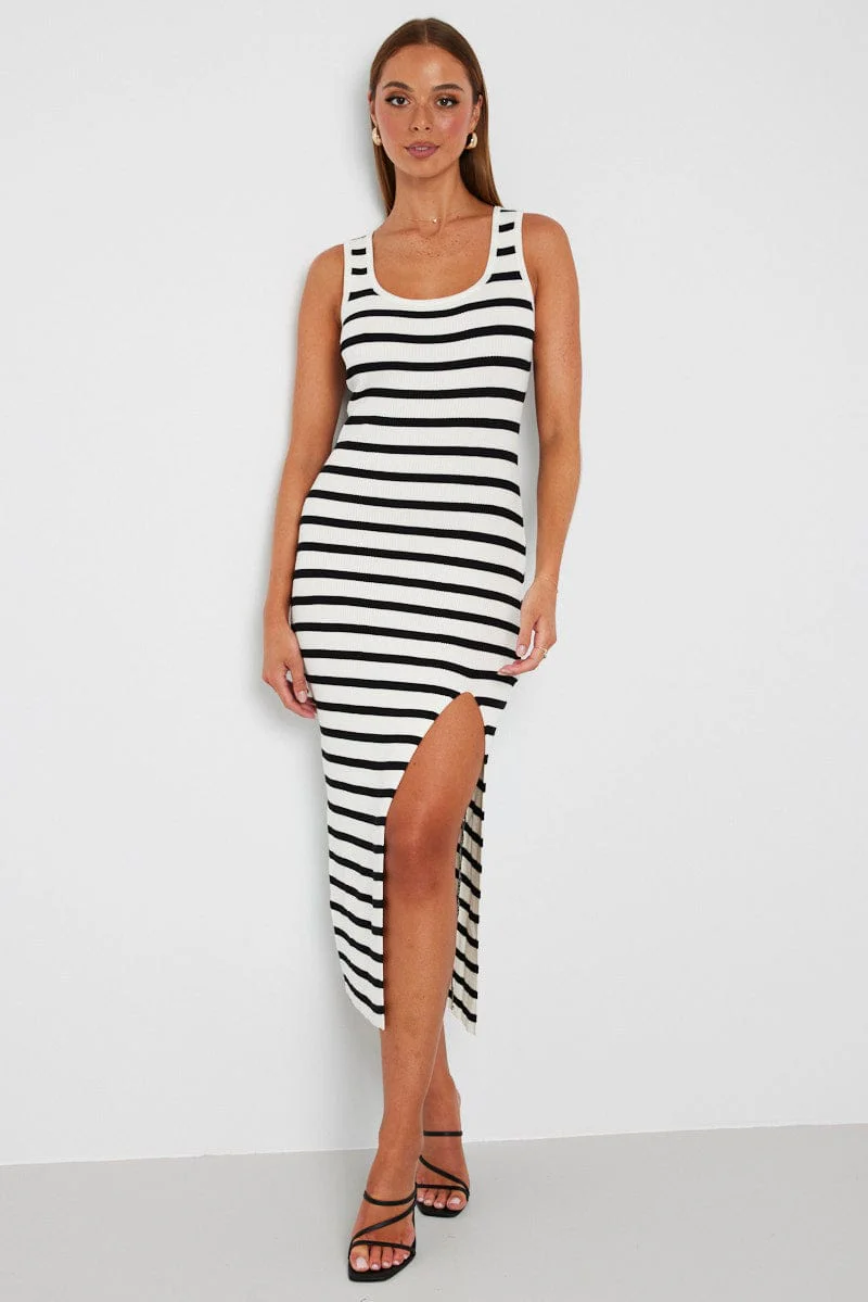 White Stripe Knit Dress Sleeveless Side Split