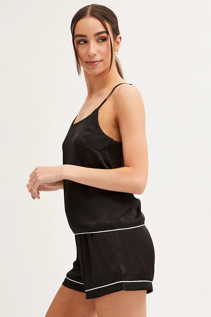 Black Pyjamas Set Scoop Neck Cami Top & Shorts Satin
