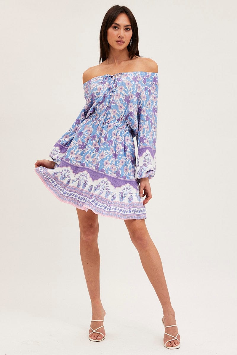 Boho Print Tie Waist Dress Long Sleeve Mini