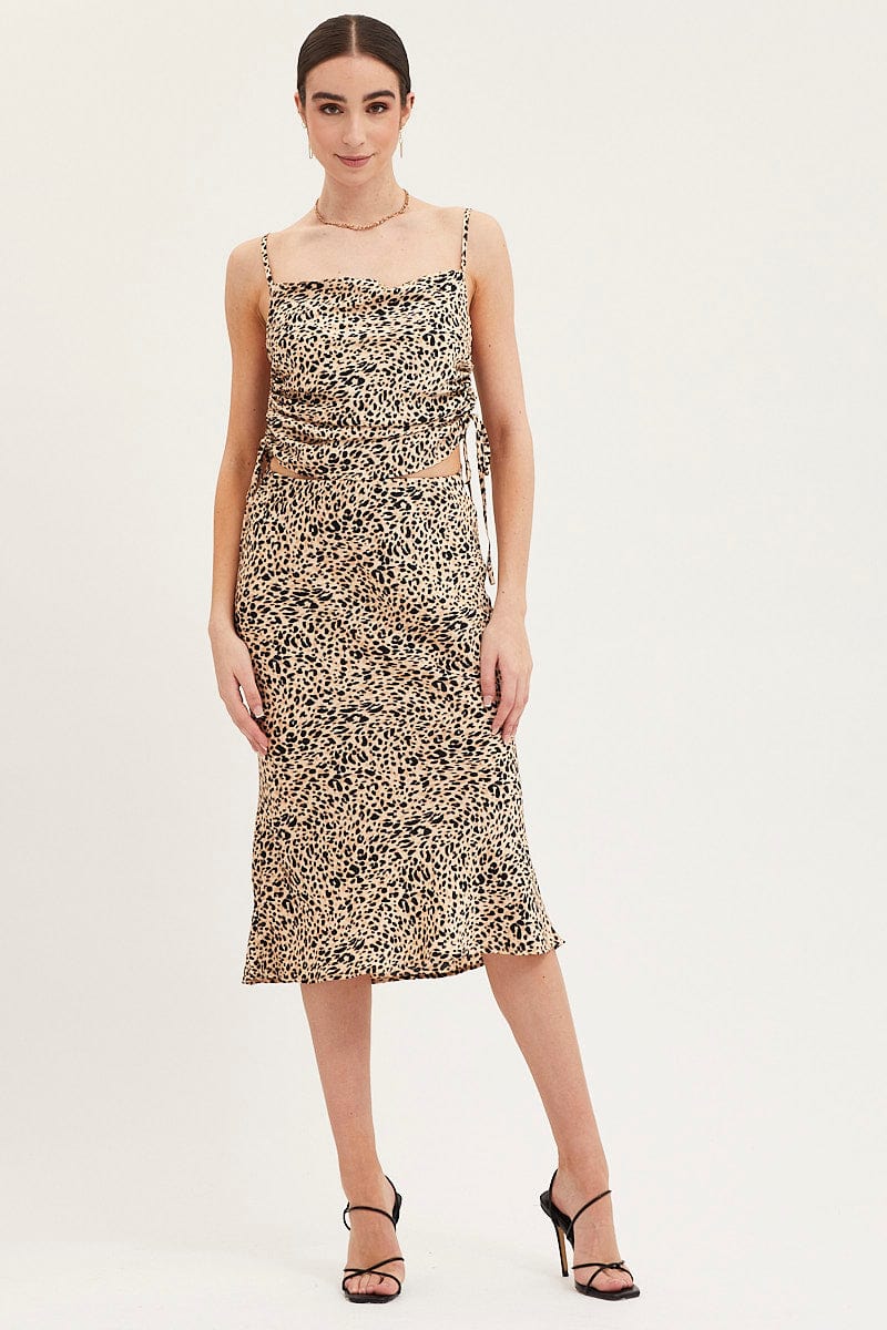 Print Slip Skirt Midi Satin