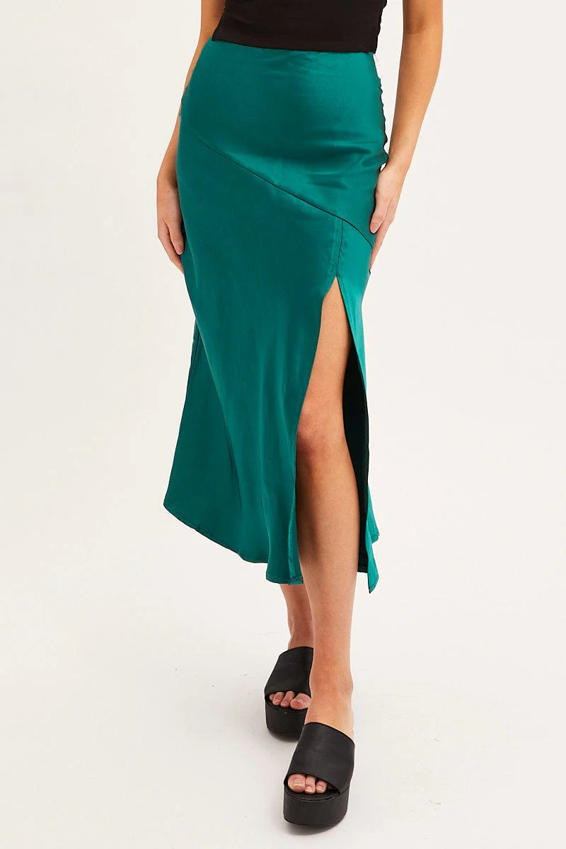 Teal Slip Skirt Satin Midi