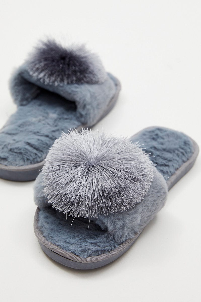 Blue Plush Pom Pom Detail Mule Slippers