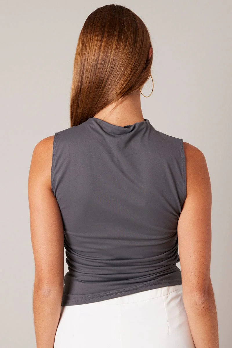 Grey Sleeveless Top Side Ruched