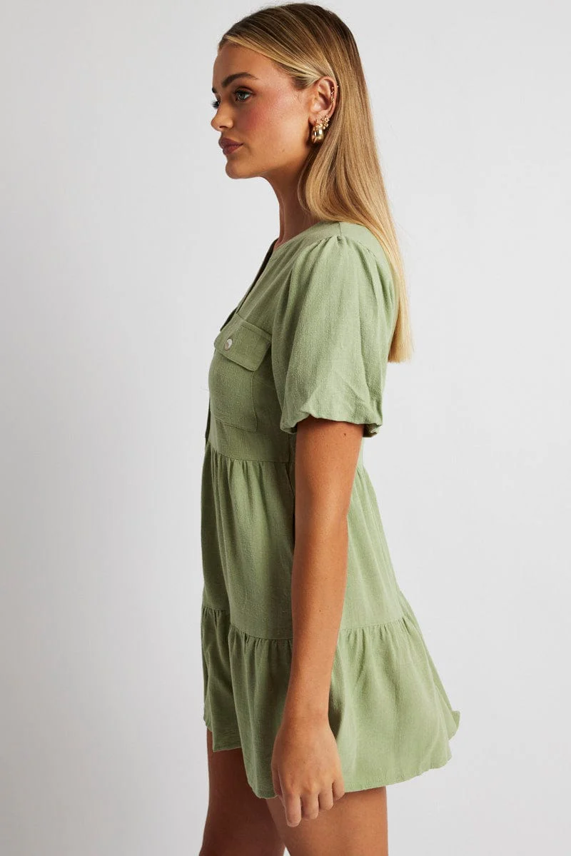 Green Button Through Mini Dress Collar Linen Blend