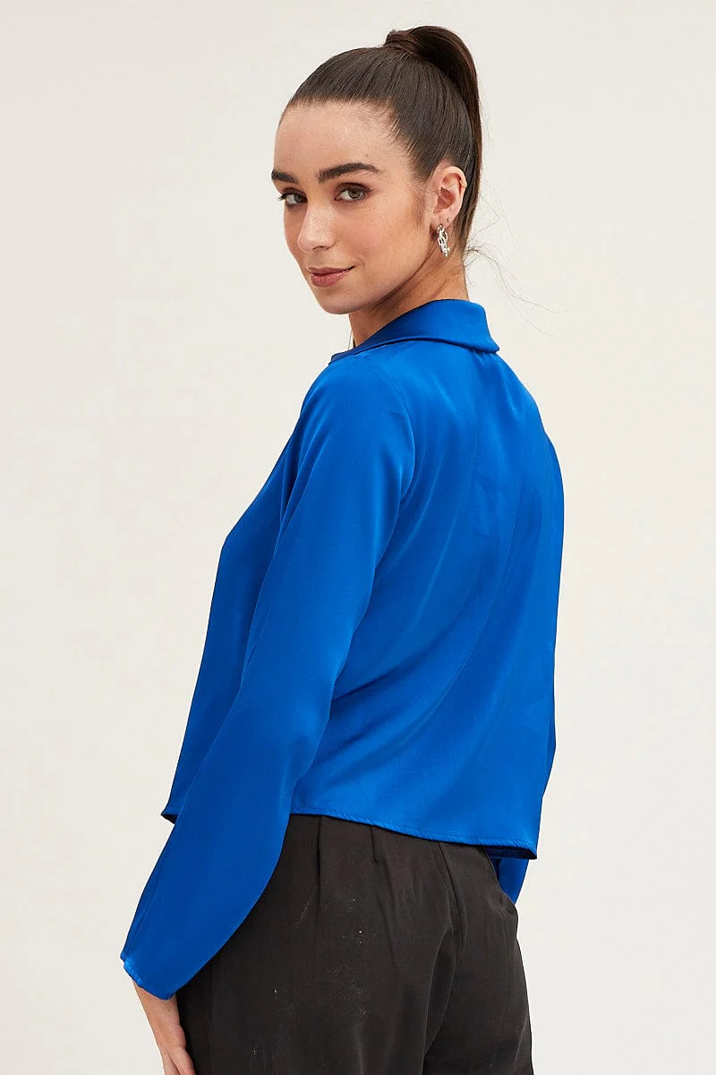 Blue Satin Long Sleeve Collared Chain-Link Front Jacket