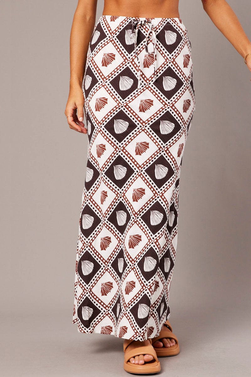 Brown Abstract Slip Skirt Maxi Linen Blend
