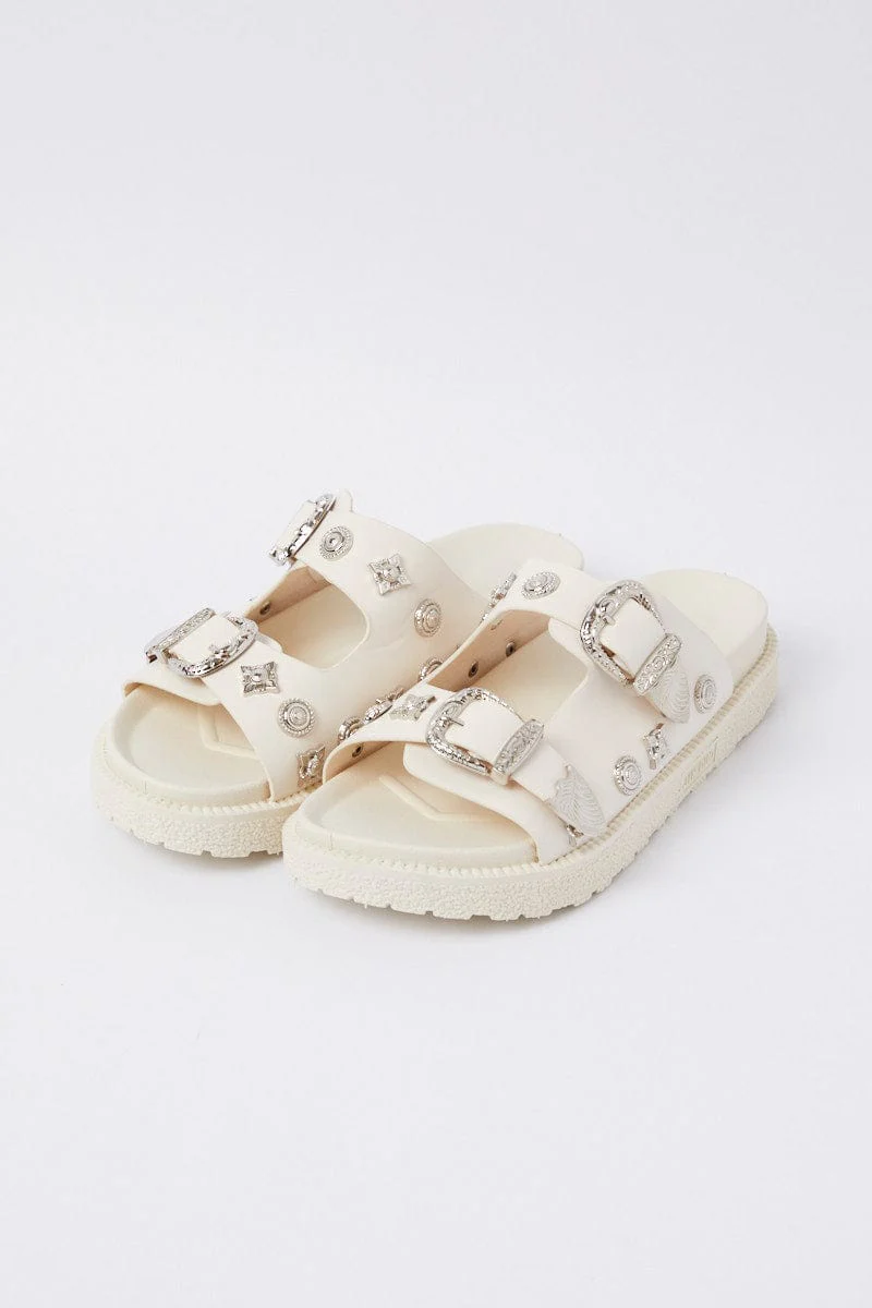 White Buckle Studded Western Footbed Sandal