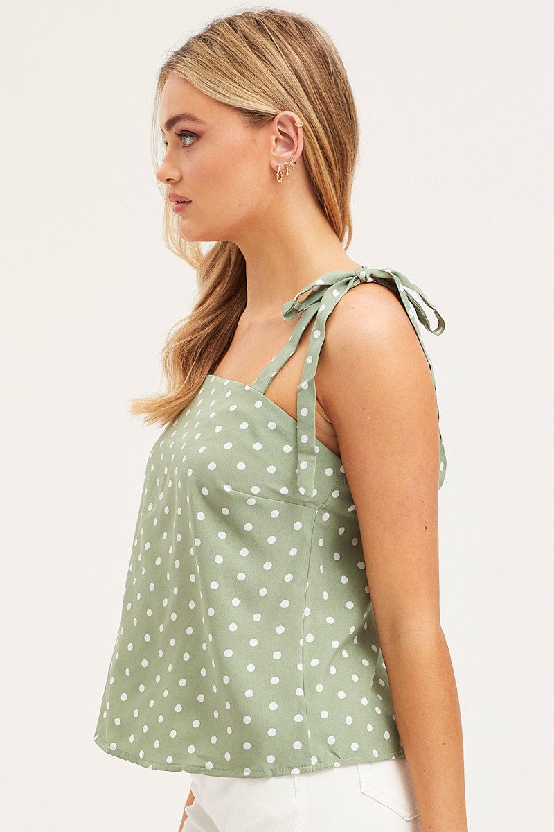 Polka Dot Tie Shoulder Top Sleeveless