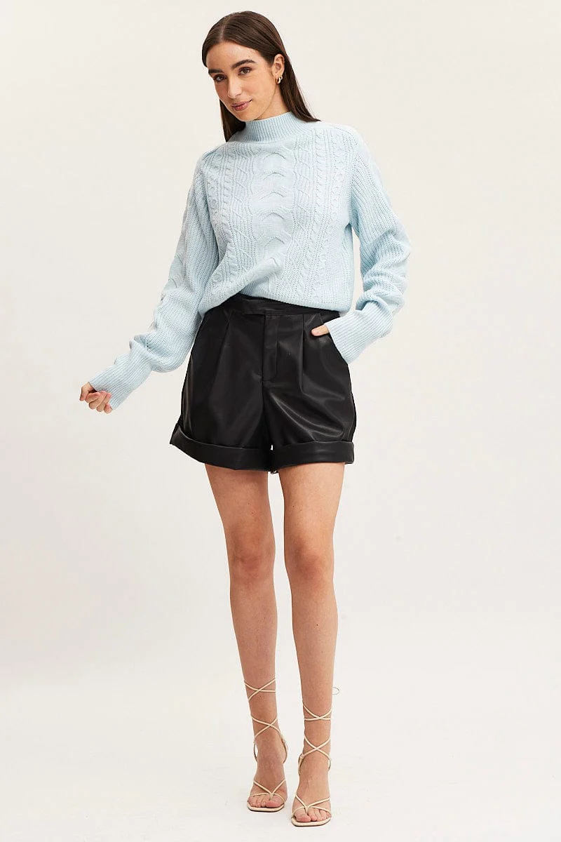Blue Knit Top Long Sleeve Relaxed Turtleneck Cable