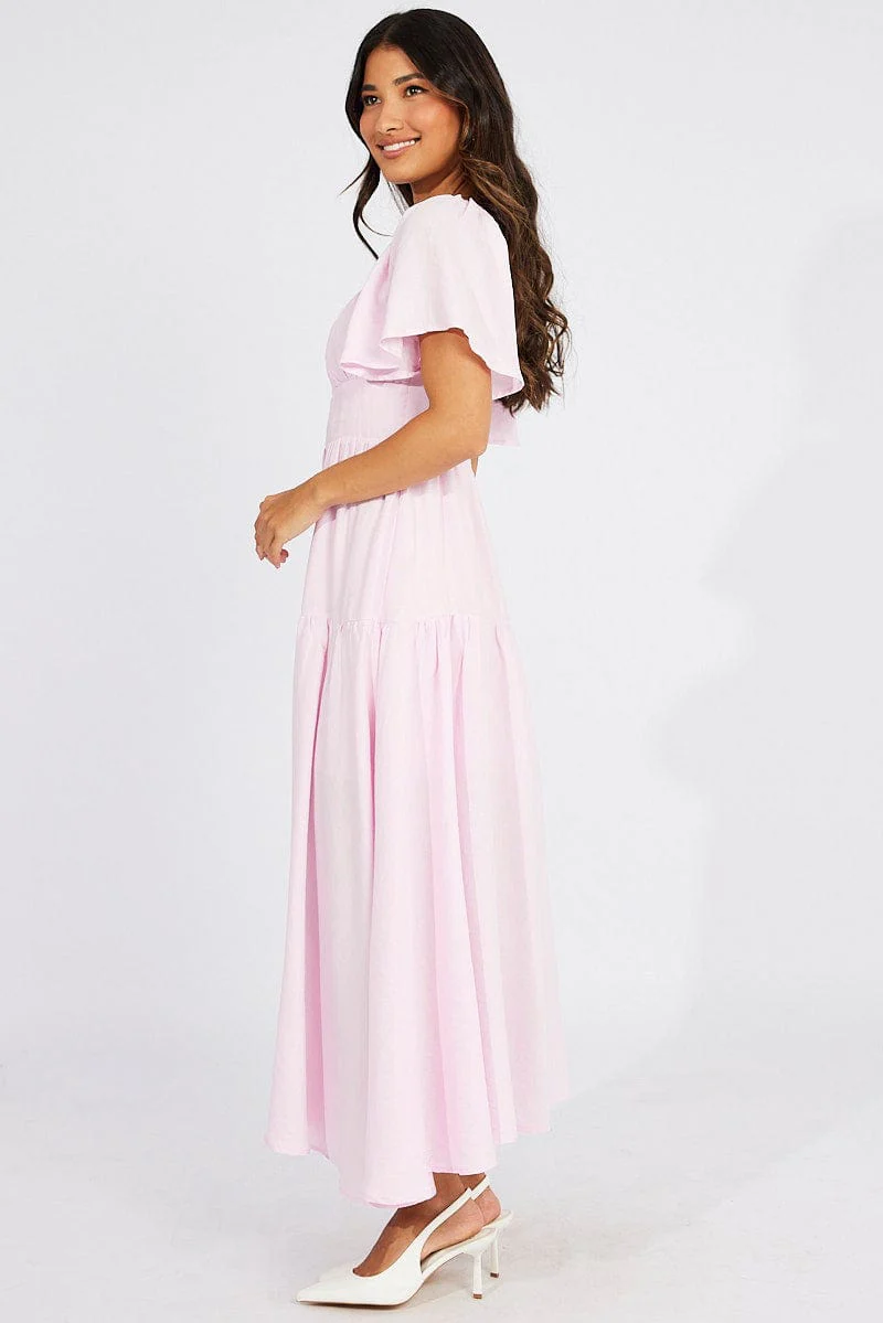 Pink Maxi Dress Square Neck Tiered