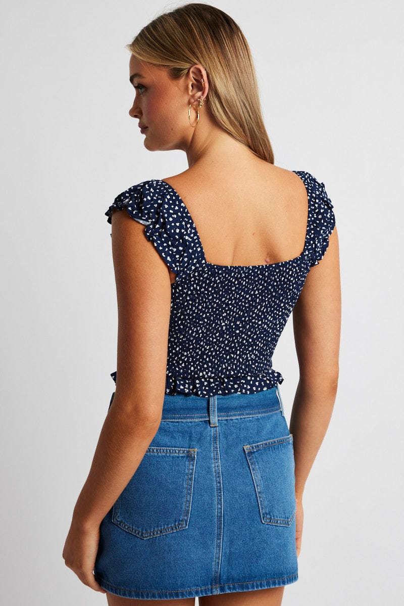 Blue Ditsy Puff Sleeve Top Short Sleeve