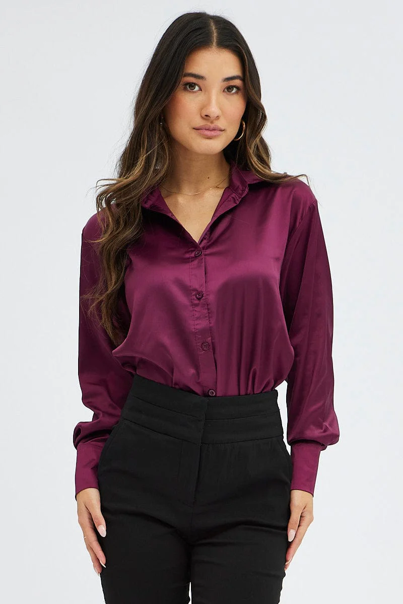 Purple Satin Shirt Long Sleeve Collared Neck