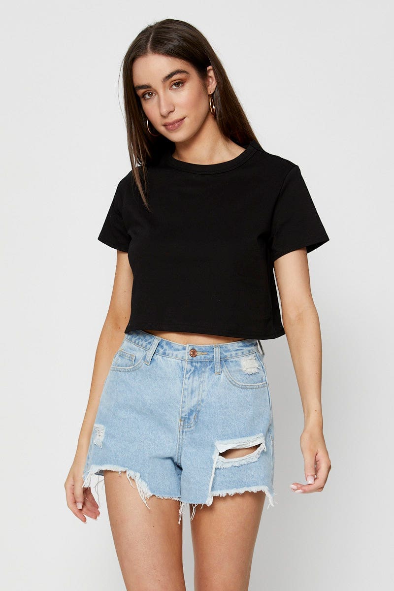 Black T Shirt Short Sleeve Crop Crew Neck Cotton