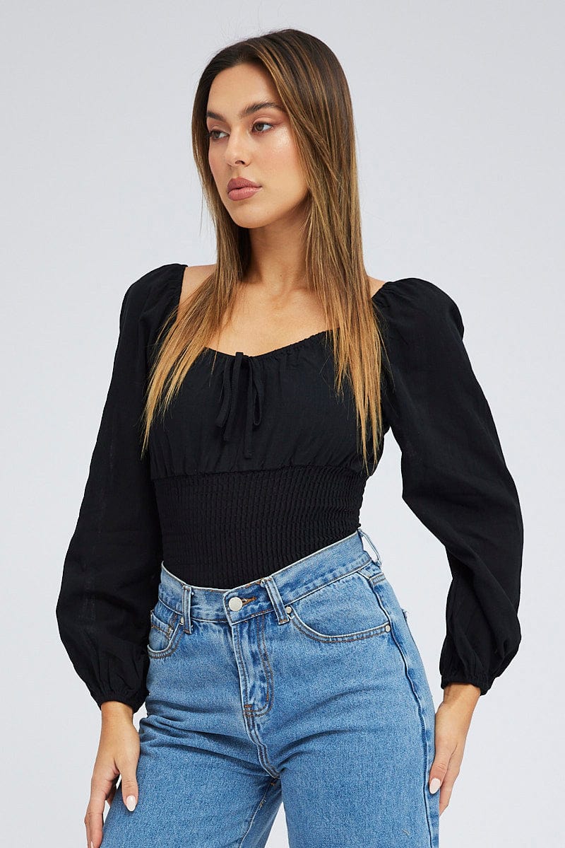 Black Bodysuit Short Sleeve Sweetheart Neck