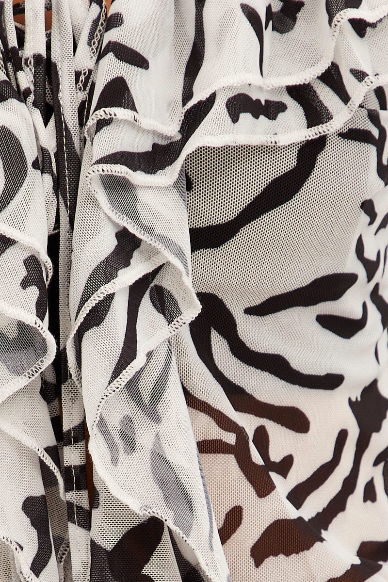 Black Print Mesh Long Sleeve Crop Top