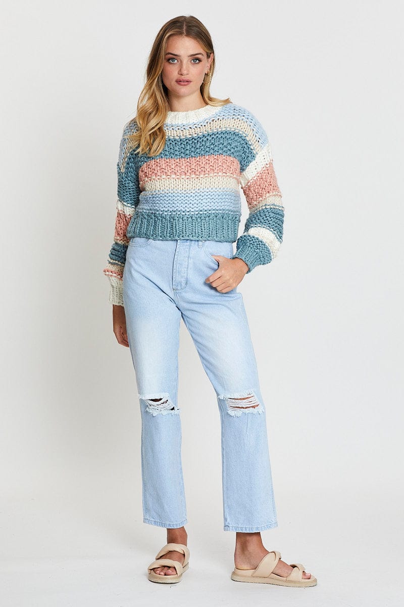 Stripe Knit Top Long Sleeve Round Neck