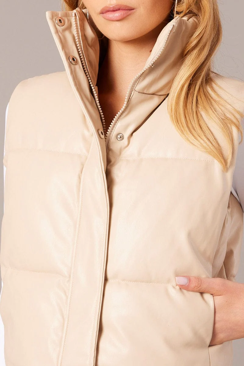 Camel Puffer Zip Sleeveless Faux Leather