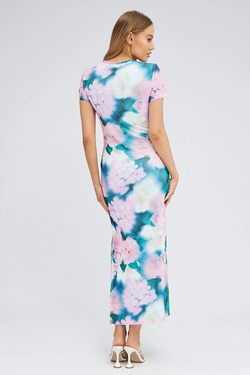 Pink Abstract Maxi Dress Short Sleeve Crew Neck Bodycon Mesh