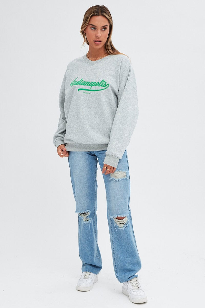 Grey Sweat Shirt Long Sleeve V-Neck Oversized Indiana