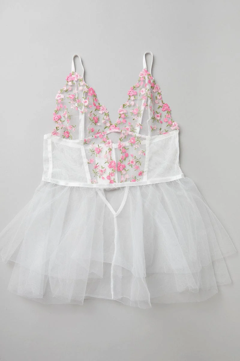 Pink Floral Embroidery Mesh Slip Dress