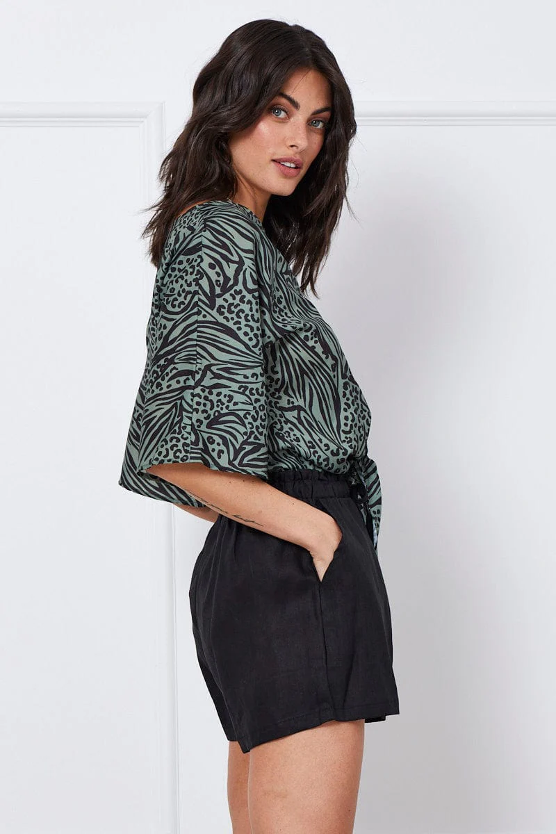 Black Tie Up Linen Shorts Paper Bag Linen