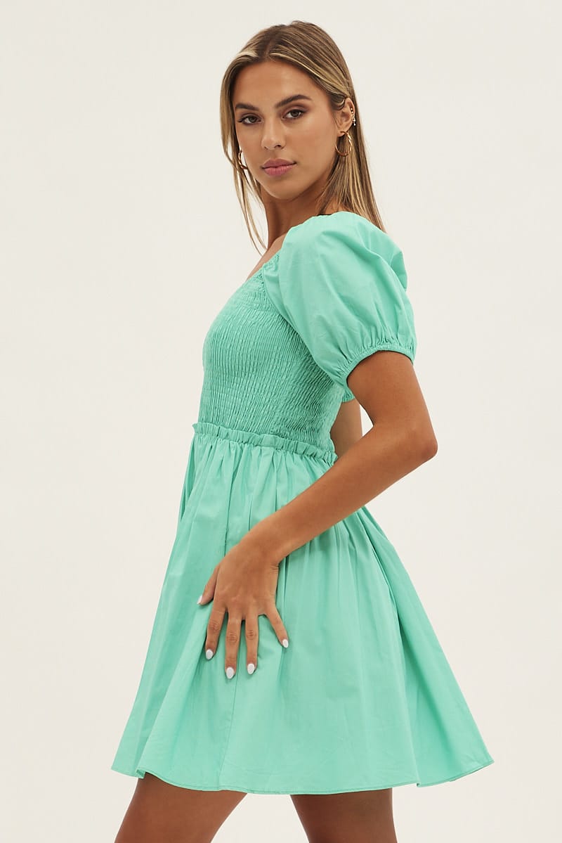 White Fit And Flare Dress Puff Sleeve Mini Poplin