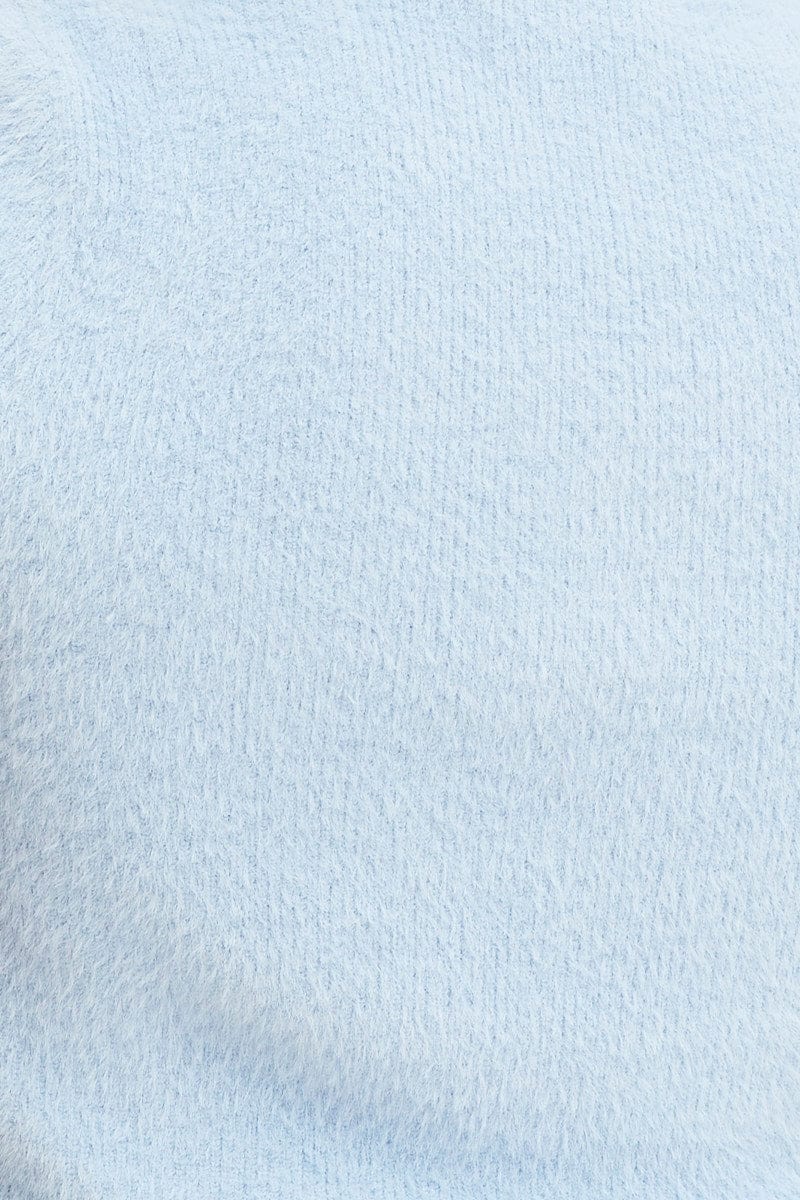 Blue Knit Top Short Sleeve Round Neck Fluffy