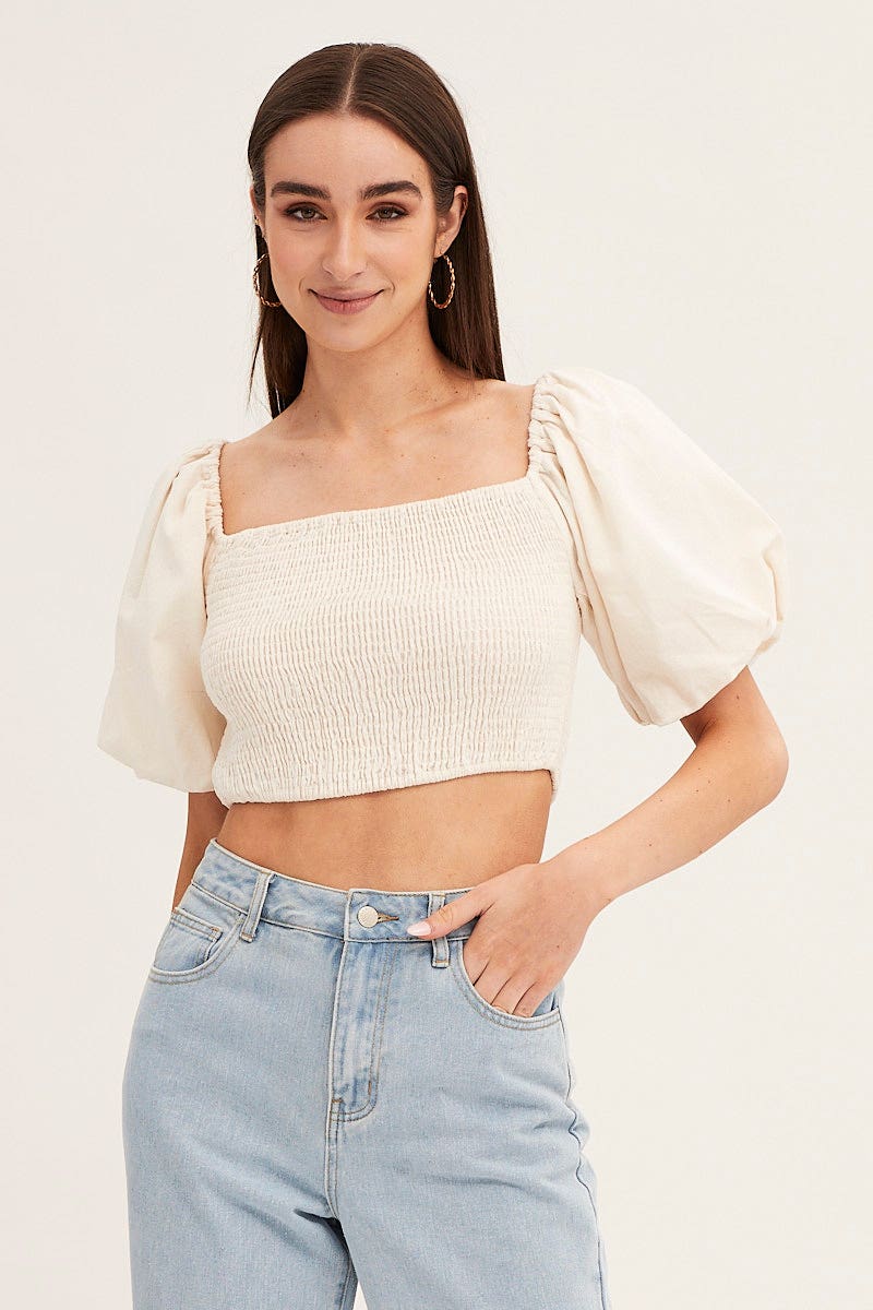 White Linen Blend Half Sleeve Shirred Cropped Top