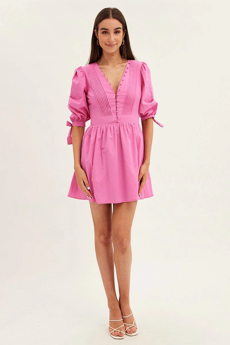 Pink Button Dress Puff Sleeve V Neck Cotton
