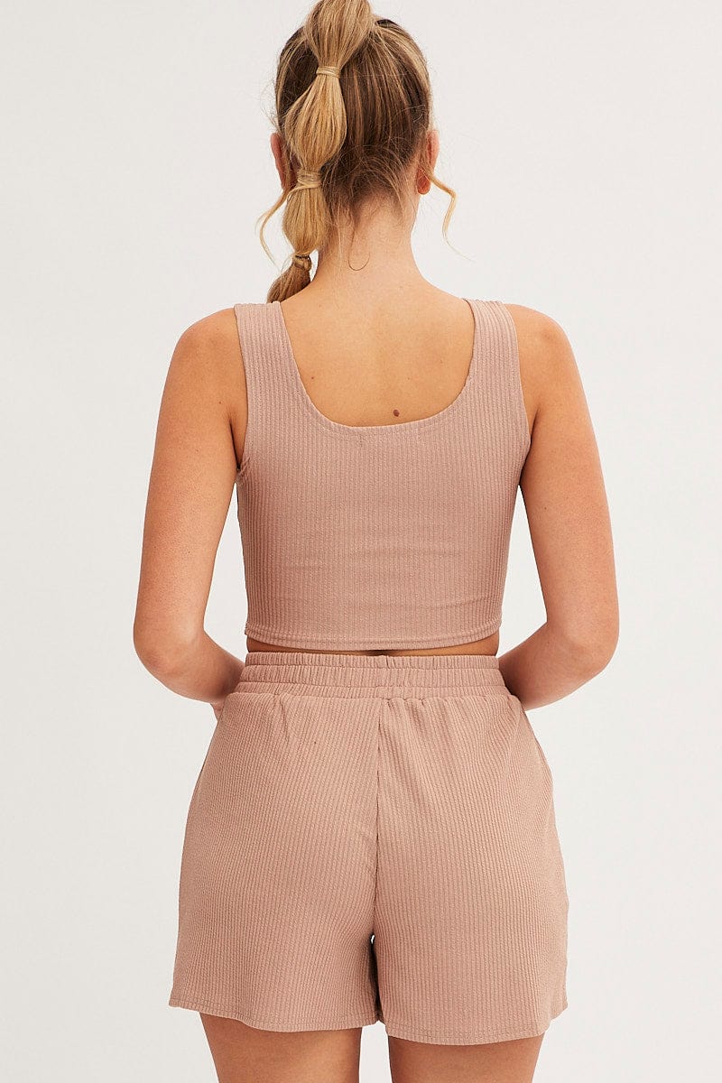 Brown Rib Jersey Crop And Shorts Set
