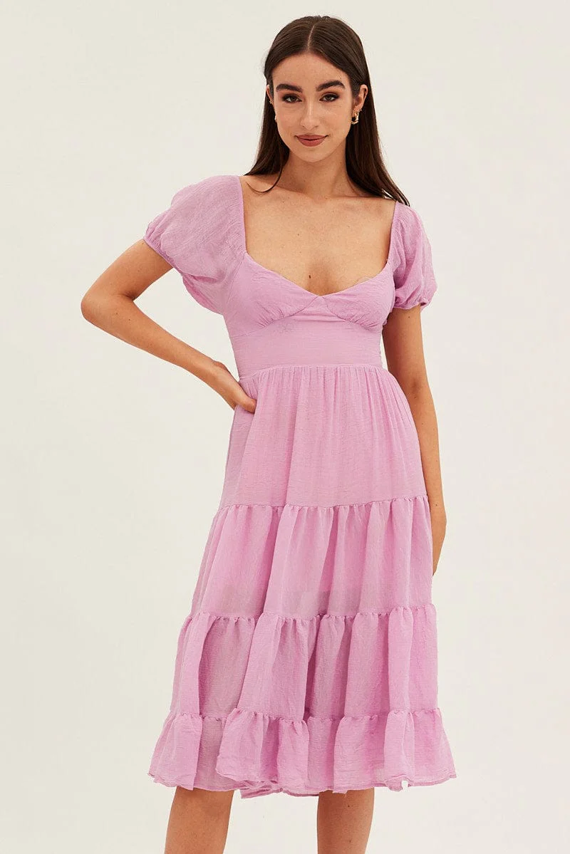 Pink Midi Dress Short Sleeve V-Neck