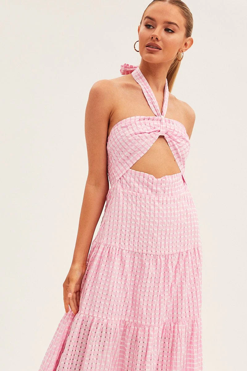 Pink Maxi Dress Tiered Halter