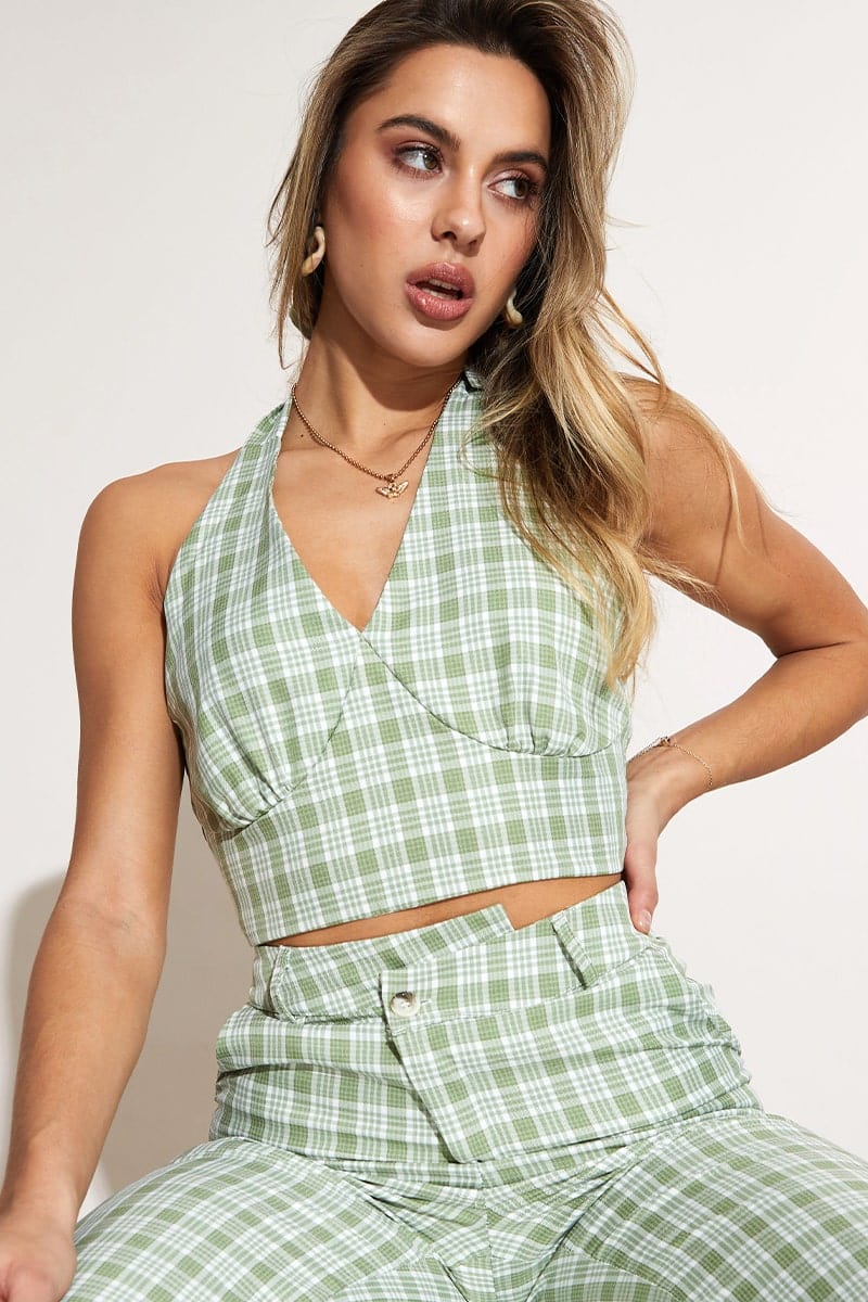 Check Crop Top Sleeveless Halter
