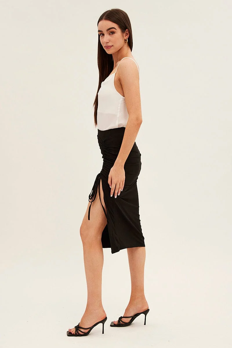 Black Ruched Midi Skirt