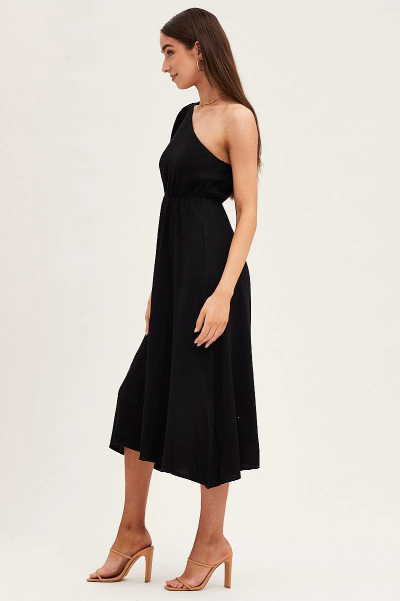 Black One Shoulder Midi Dress