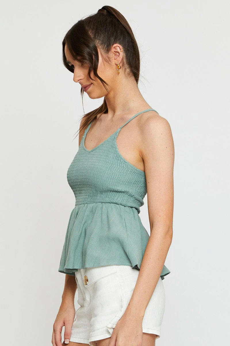 Green Peplum Top Sleeveless V-Neck