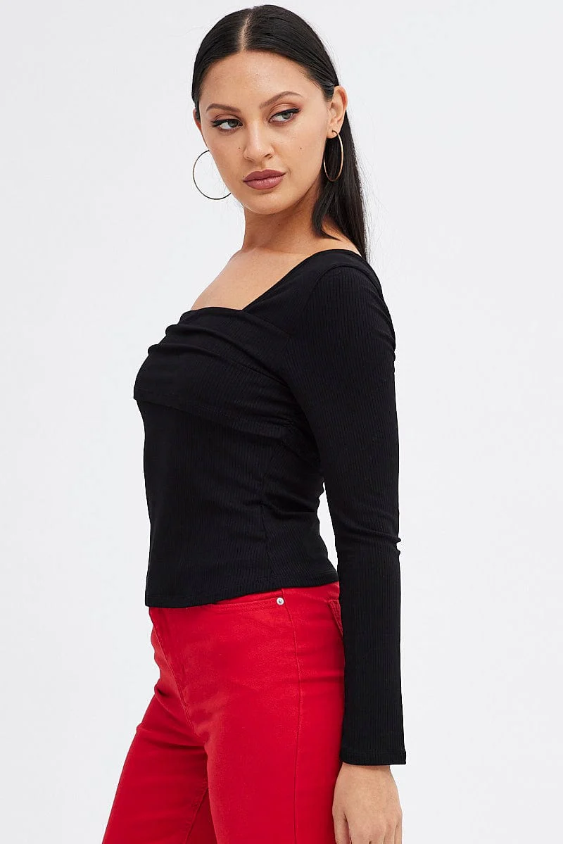 Black Top One Shoulder Long Sleeve Rib