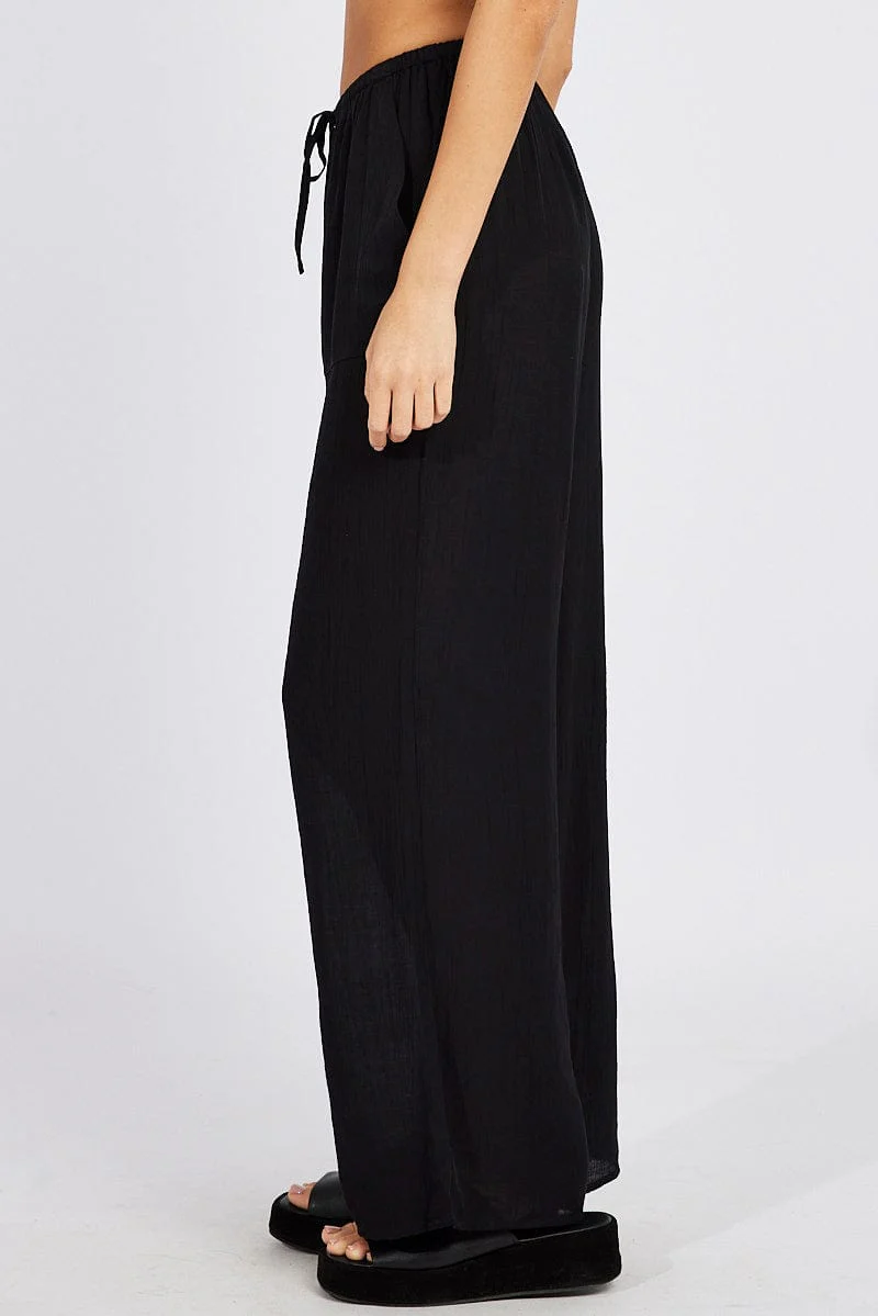 Black Wide Leg Pants Textured Fabric