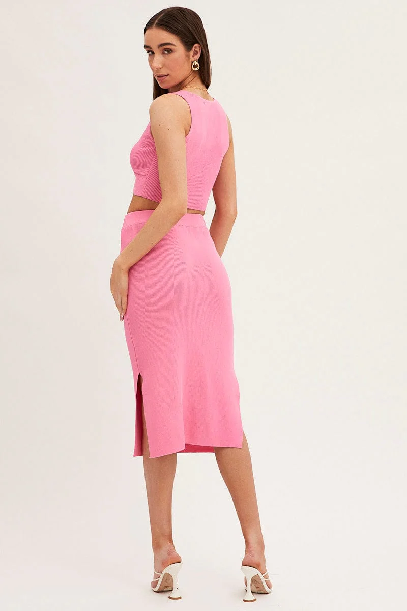 Pink Knit Skirt Midi High Rise